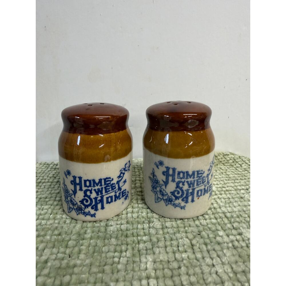 Vintage Home Sweet Home Salt Pepper Shakers Brown Drip Blue Floral Set